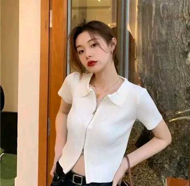 White Knit Zip-Up Polo