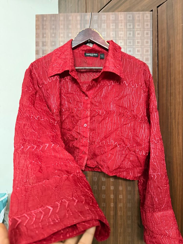 Red Cropped Embroidered Shirt
