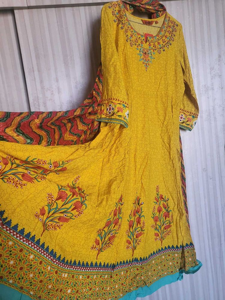 Yellow Embroidered Anarkali With Dupatta