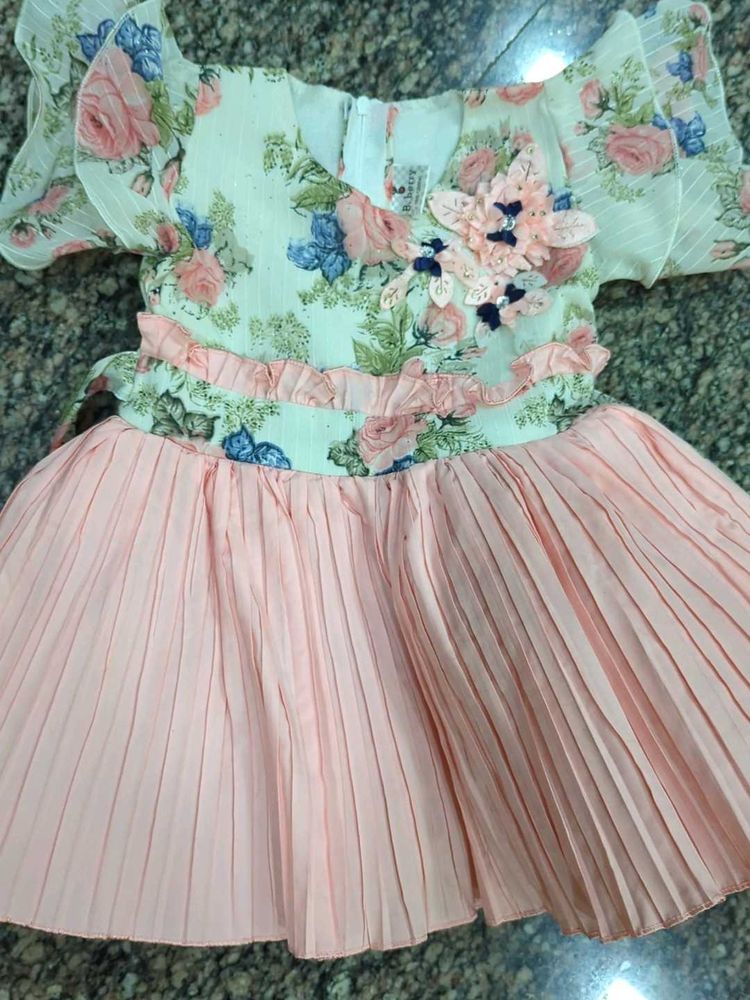 Floral and Pink Pleated Girls Dress