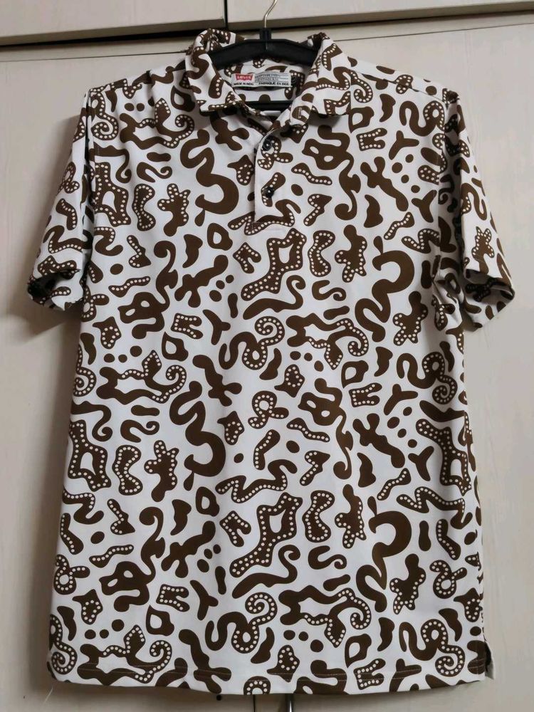 Abstract Brown &amp; White Print Polo Shirt
