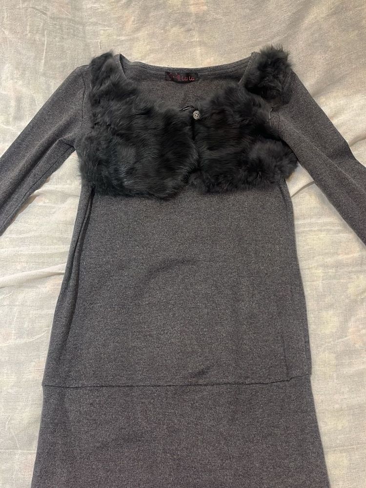 Gray Dress with Fur Detail