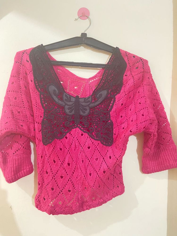 Pink Knit Top with Butterfly Detail