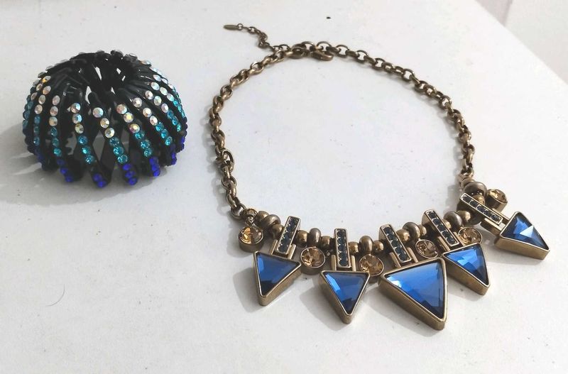 Combo-Bird&#39;s Nest Hair Clip &amp; Embellished Necklace