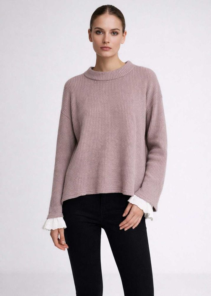 Mauve Ribbed Knit Top with Lace Cuff Detail