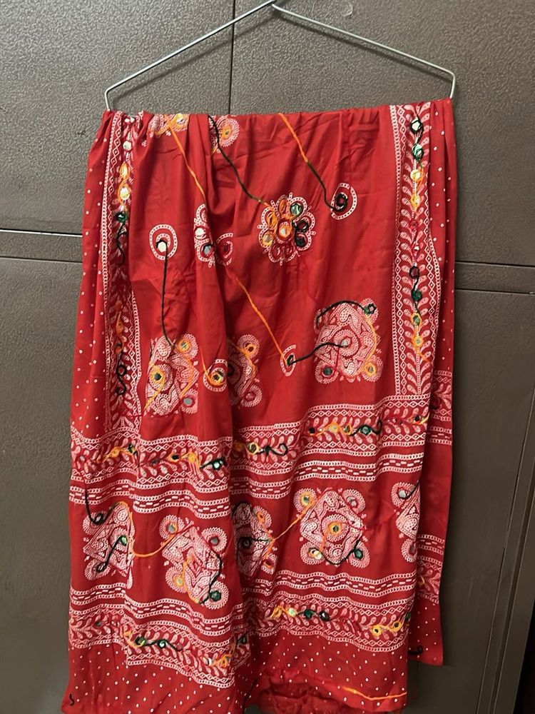 Red Ethnic Skirt with Mirror Work
