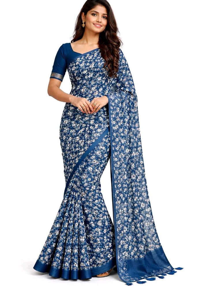Floral Print Blue Saree