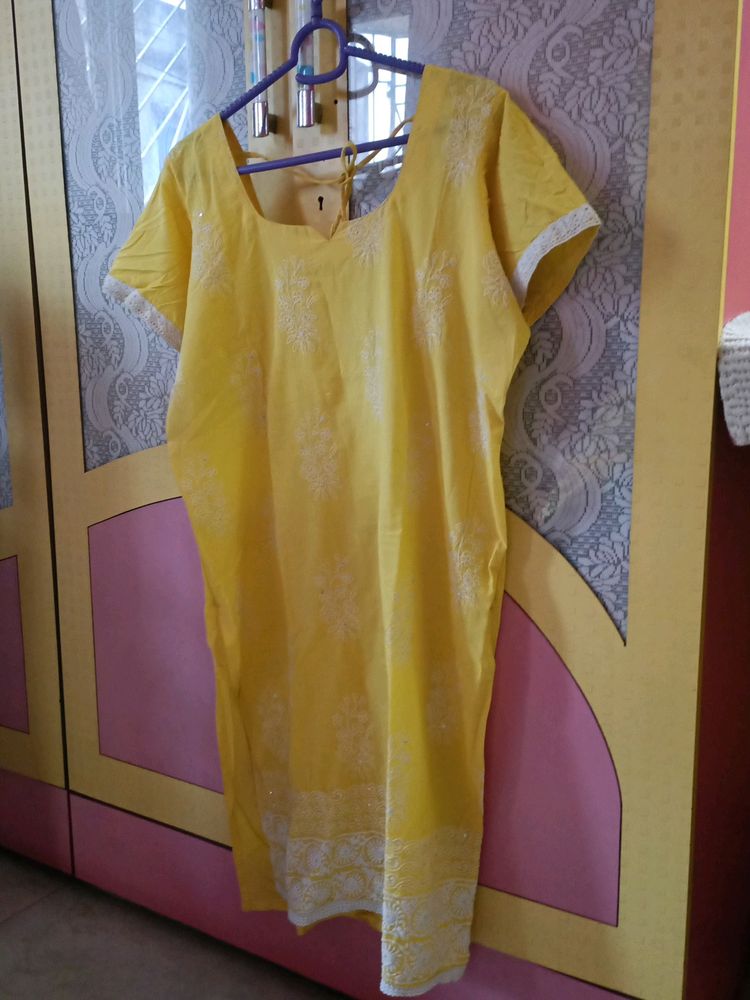 Pure Cotton Yellow Colour XXL Size Half Sleeve Salwar Kameez Set With Slightly Heavy Suta Work Cotton Dupatta