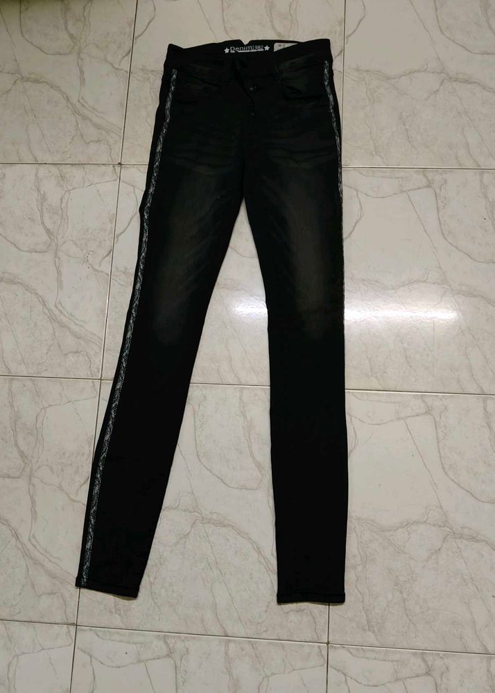 Distressed Black Jeans with Side Detail
