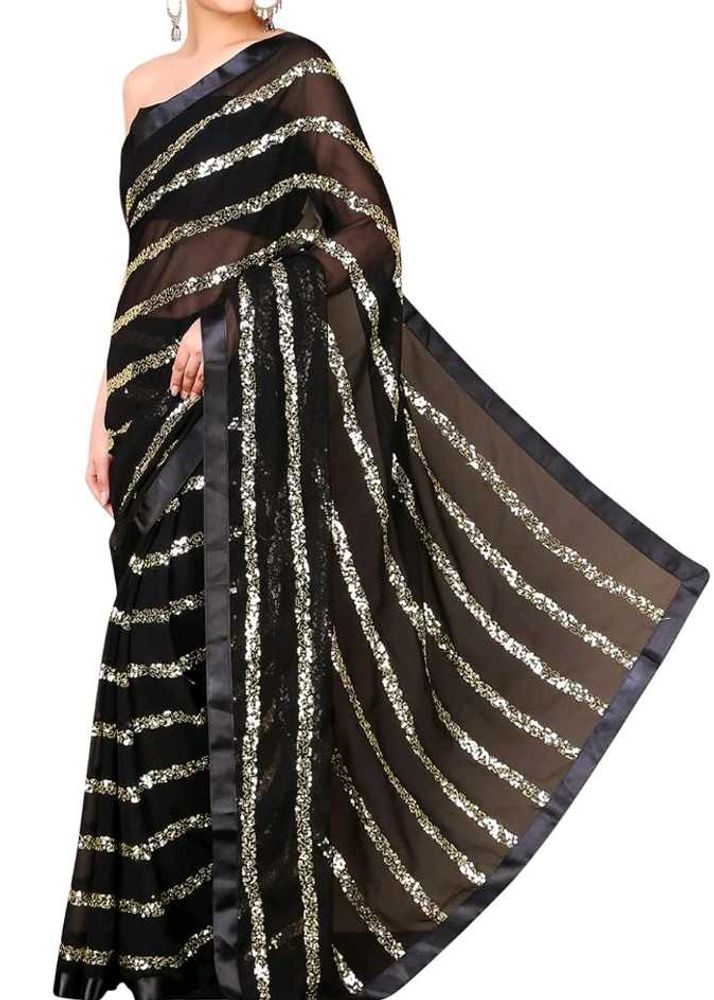 Black Sequin Stripe Saree