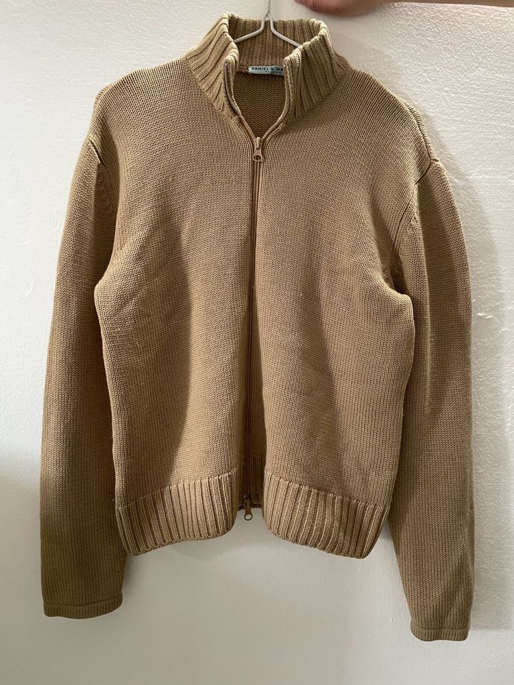 Tan Knit Zip-Up Jacket