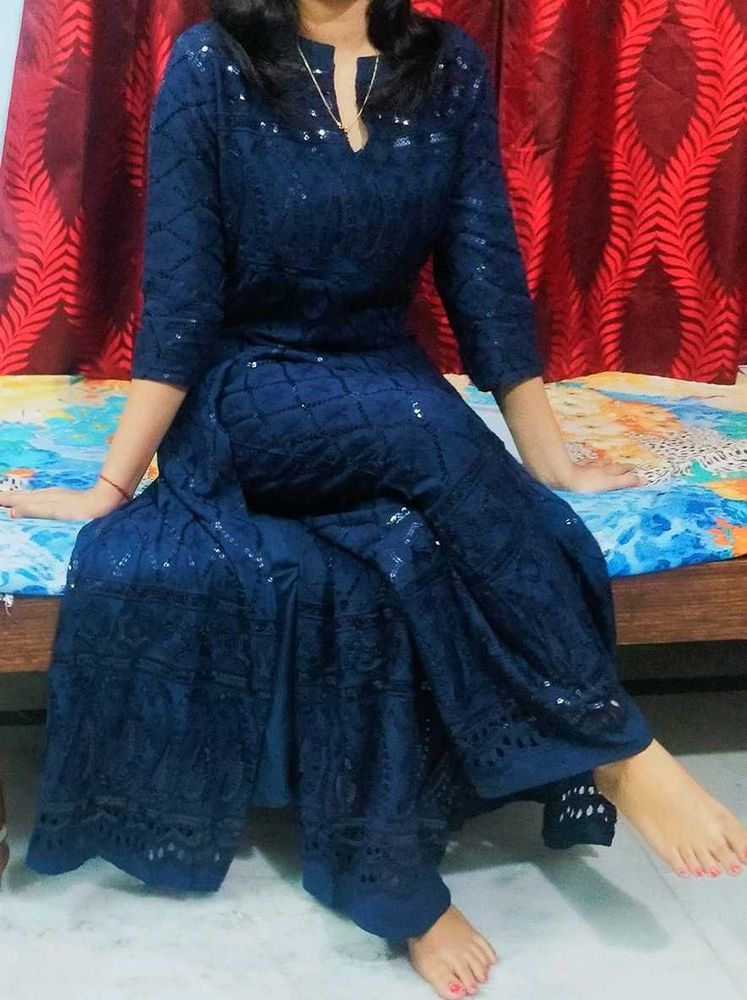 Navy Blue Embroidered Kurta Set