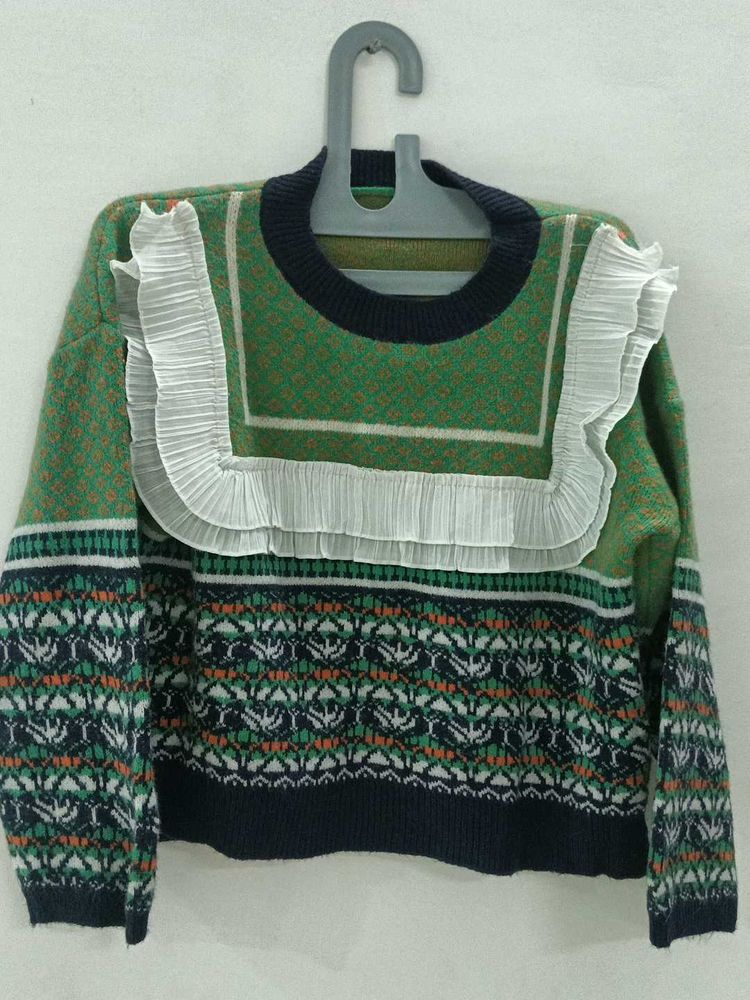Green Patterned Ruffle Sweater