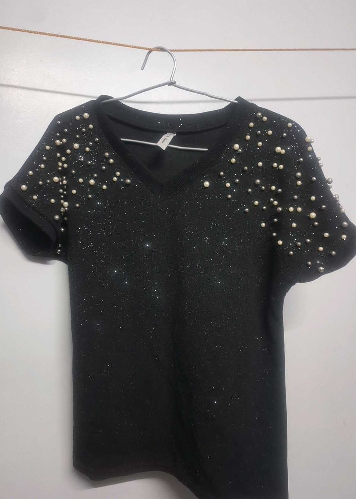 Pearl Embellished Black Top