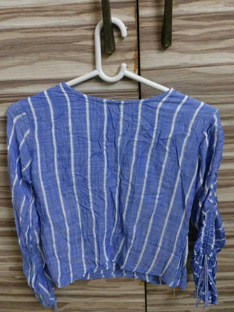 Blue Striped Cinched Sleeve Top