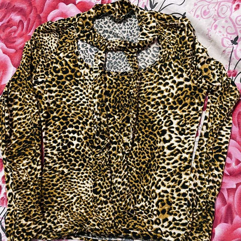 Leopard Print Long Sleeve Top with Keyhole Detail