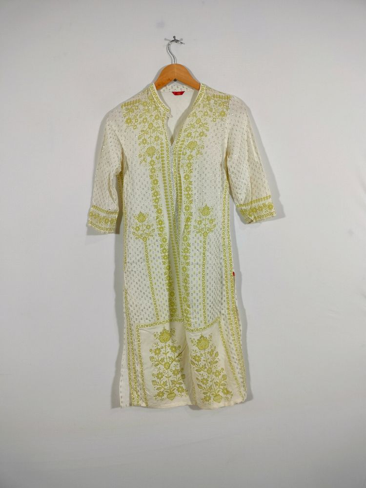 New Branded Cream With Green Print Kurta By W