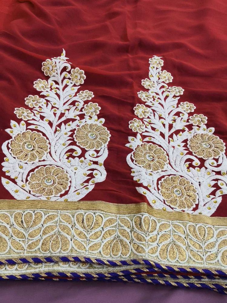 Maroon &amp; Gold Embroidered Saree Fabric