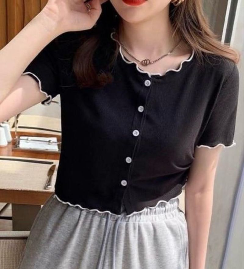 Black Ruffle Trim Button-Up Top
