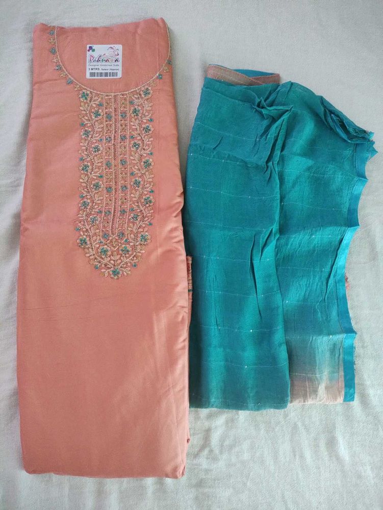 Unstitched Embroidered Dress Material, Peach