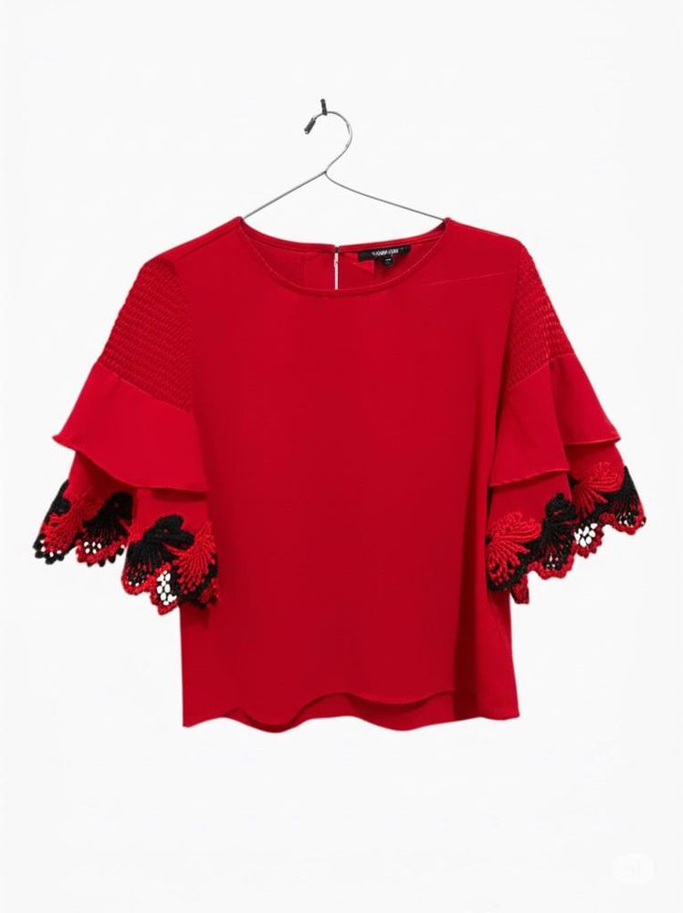 Red Ruffle Sleeve Top with Floral Lace