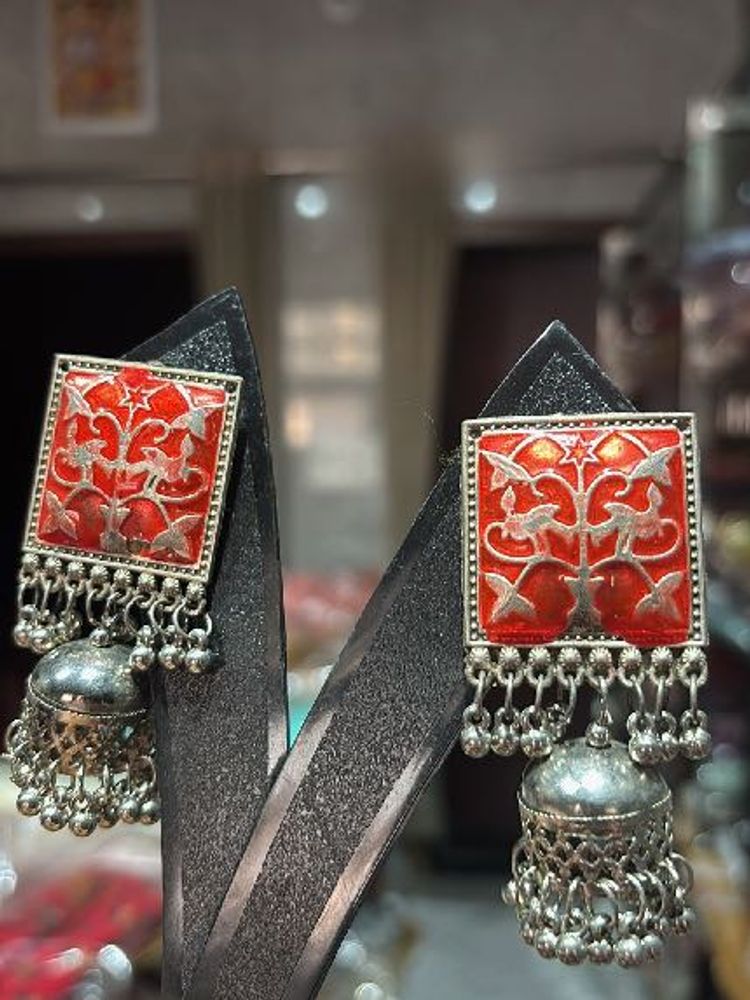 Square Red Jhumka Earrings