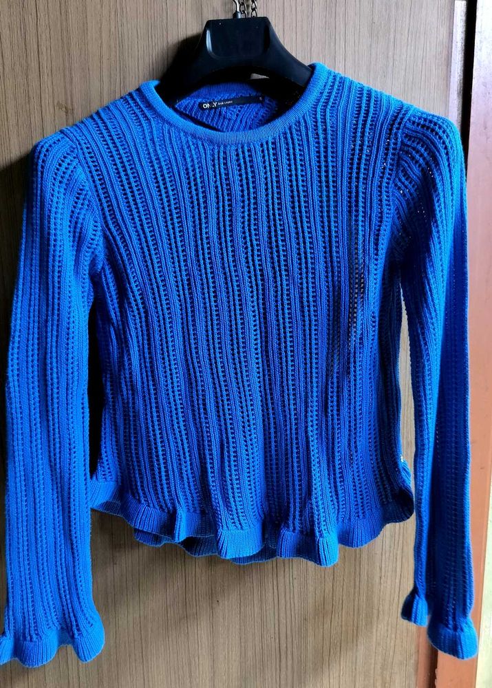 Blue knit, chic crochet top/shrug.