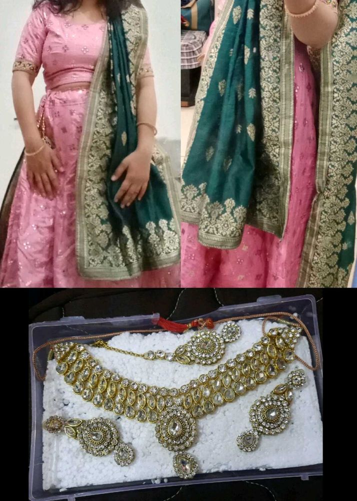 Necklace Set And Pink Lehenga Combo Pack
