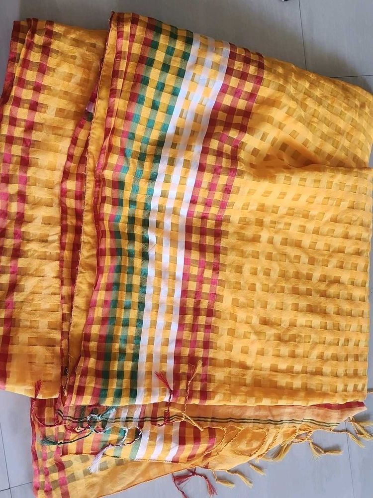 Yellow Checkered Cotton Saree