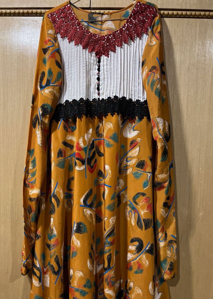 Elegant Mustard Ethnic Dress with Pleated Bodice