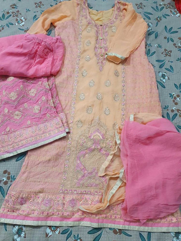 Peach Embroidered wide plazo Set