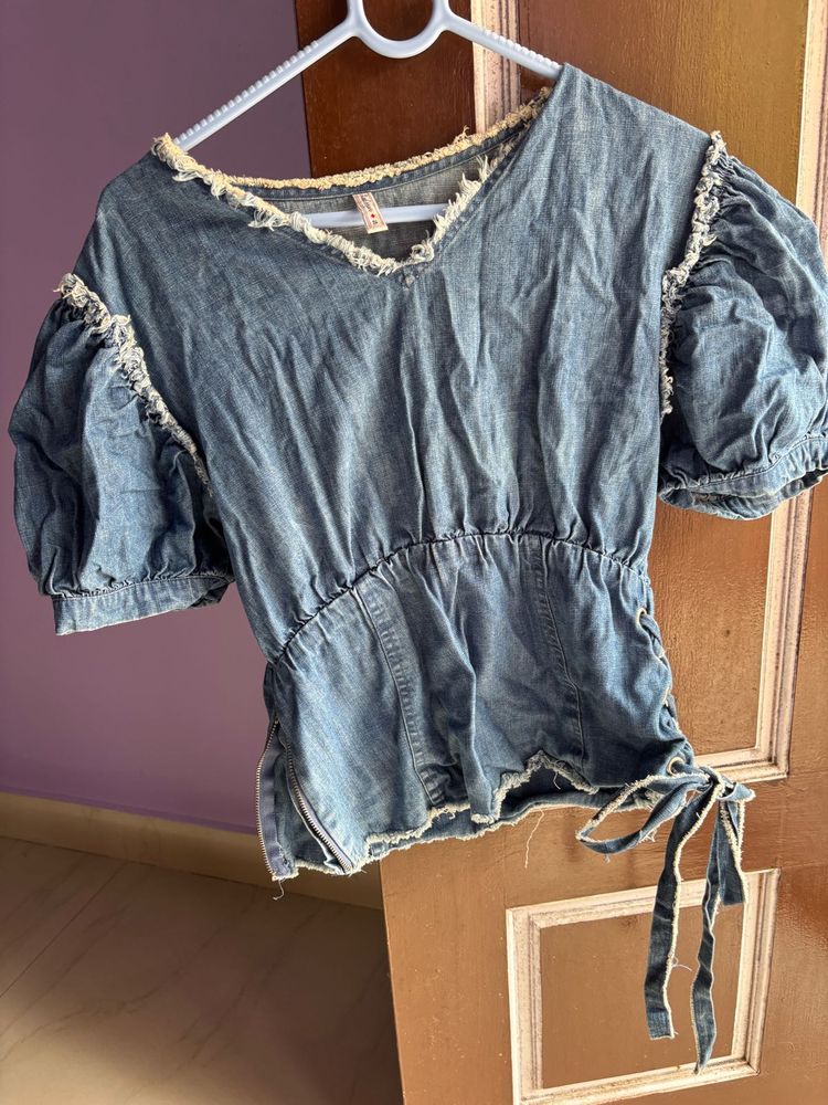 Denim Puff Sleeve Tie Top