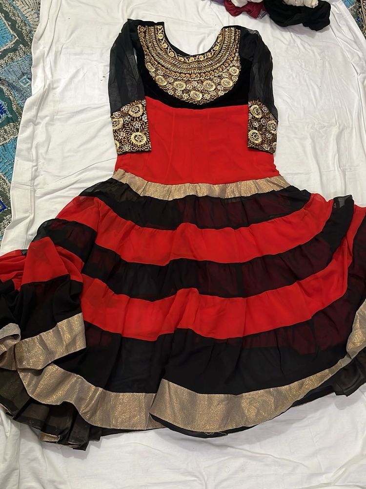 Red &amp; Black Striped Dress with Embroidery