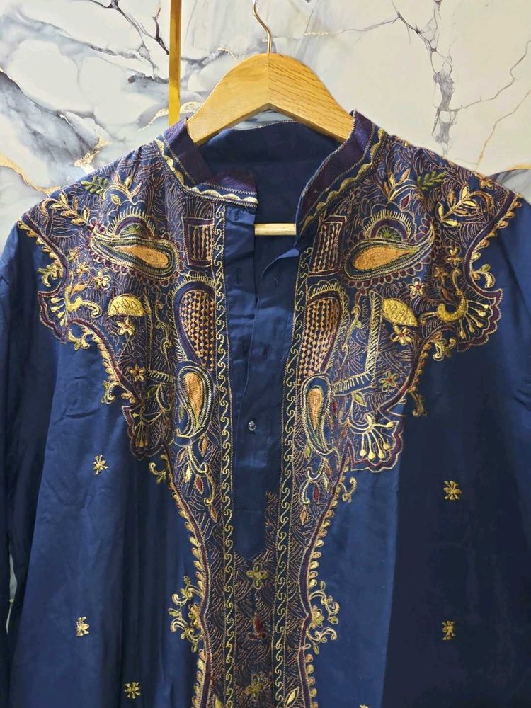 paisley Embroidered Blue Kurta XXL