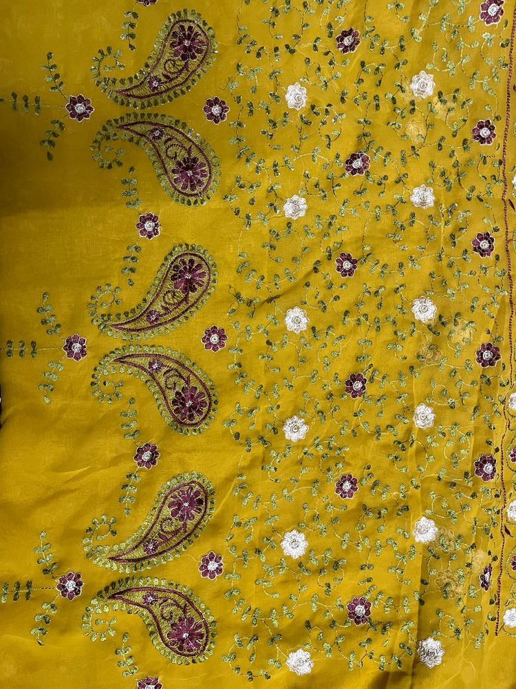 Yellow Floral &amp; Paisley Embroidered Saree