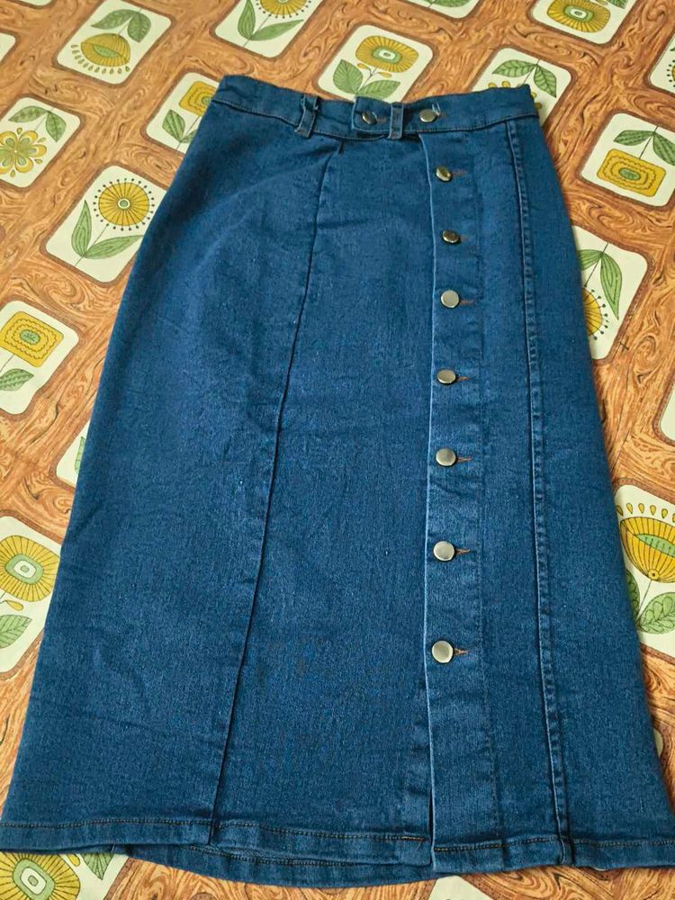 Vintage Button-Down Denim Midi Skirt