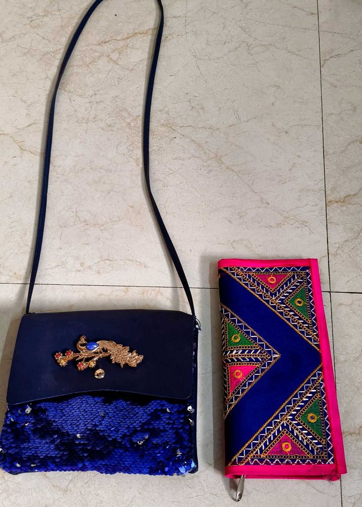Stylish Blue Sequinsling bag with  embroidered pur