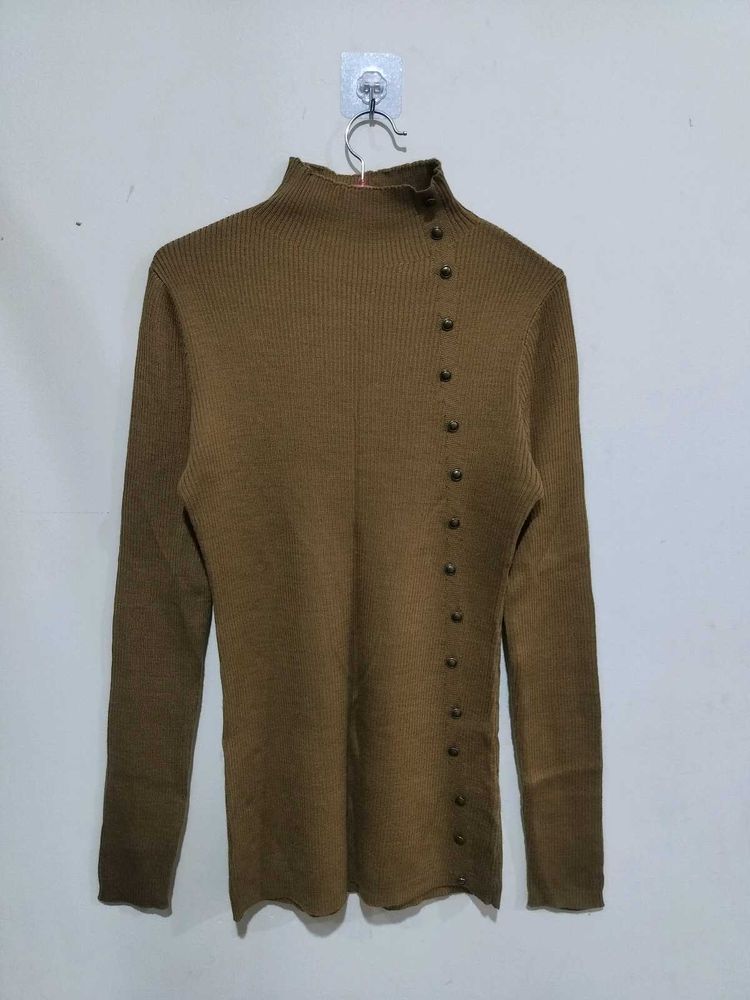 Brown Ribbed Knit Turtleneck Top