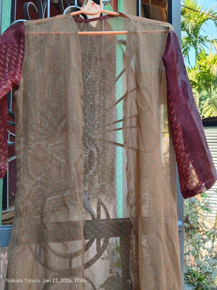 Brown Sheer Shrug with Printed Sleeves