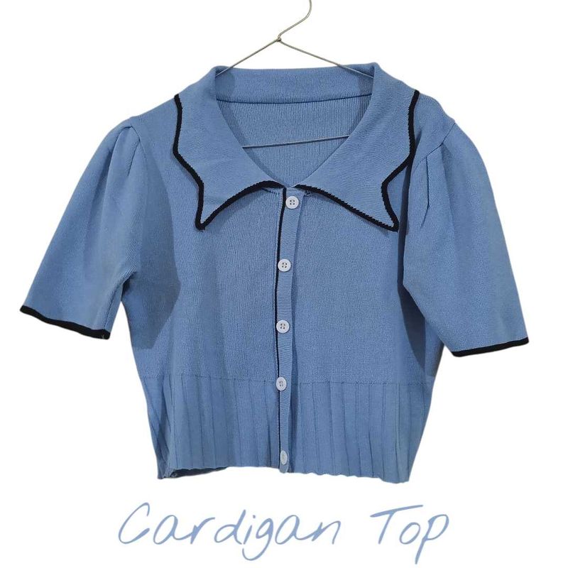 Korean Blue Cropped Cardigan Top
