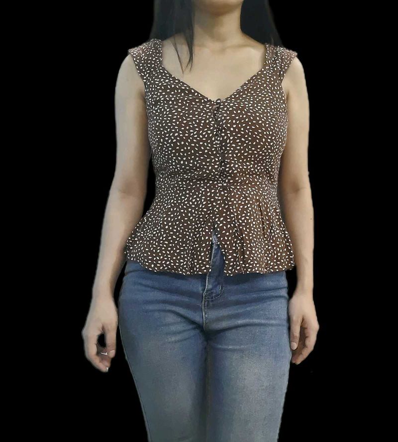 Brown &amp; White Print Peplum Top
