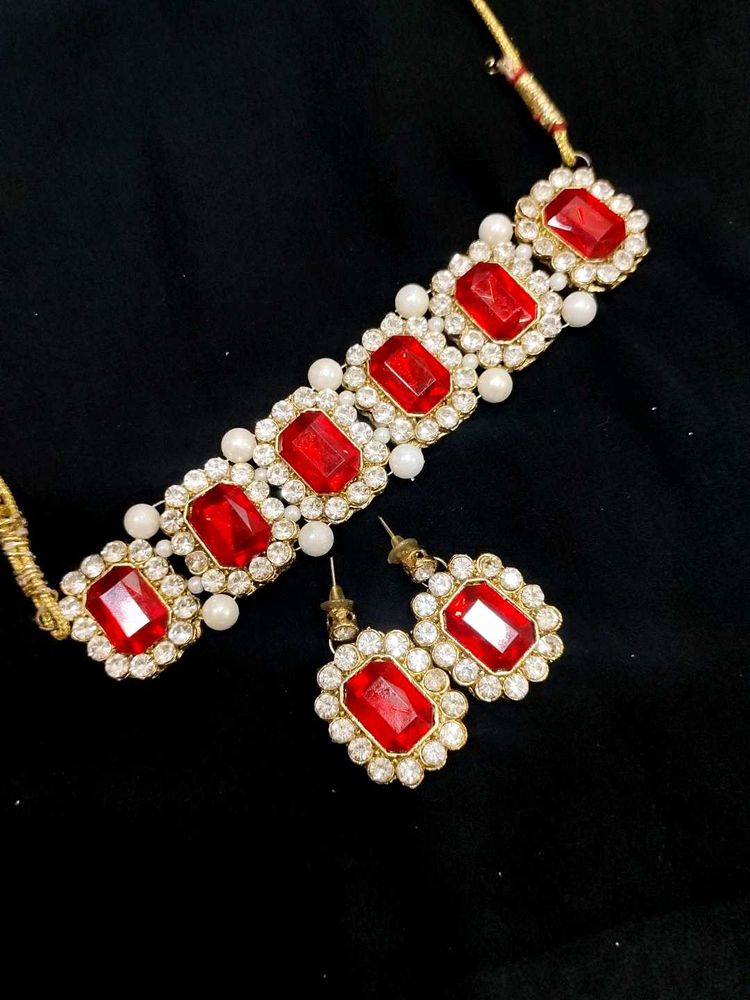 Red Stone &amp; Pearl Jewelry Set
