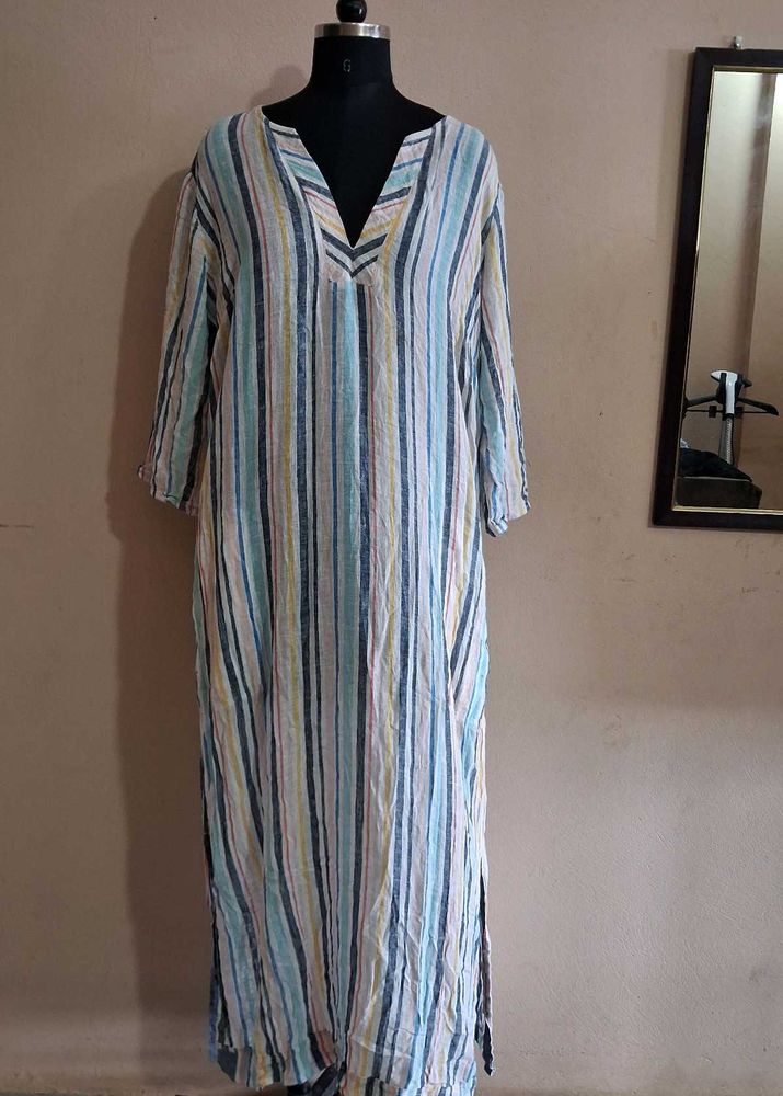 Striped Linen Maxi Dress,Pockets On Both Side.