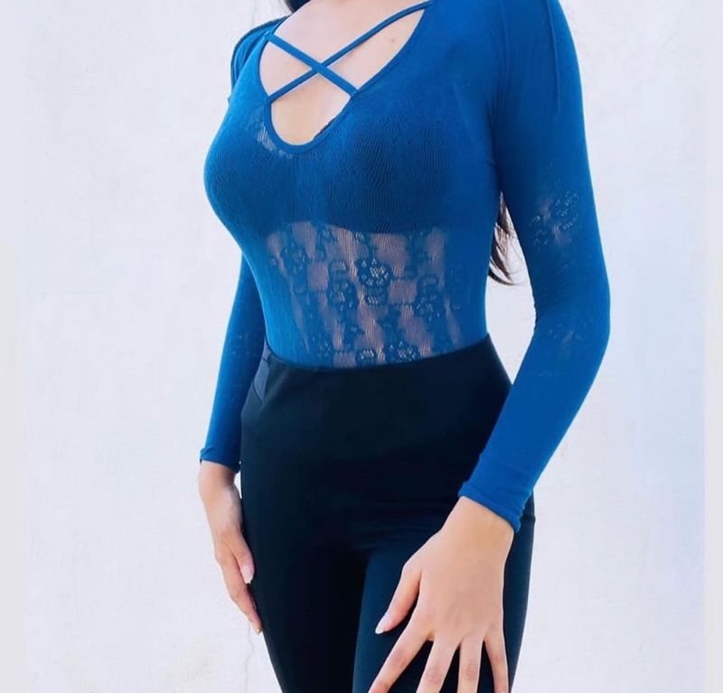 Blue Lace Bodysuit Top