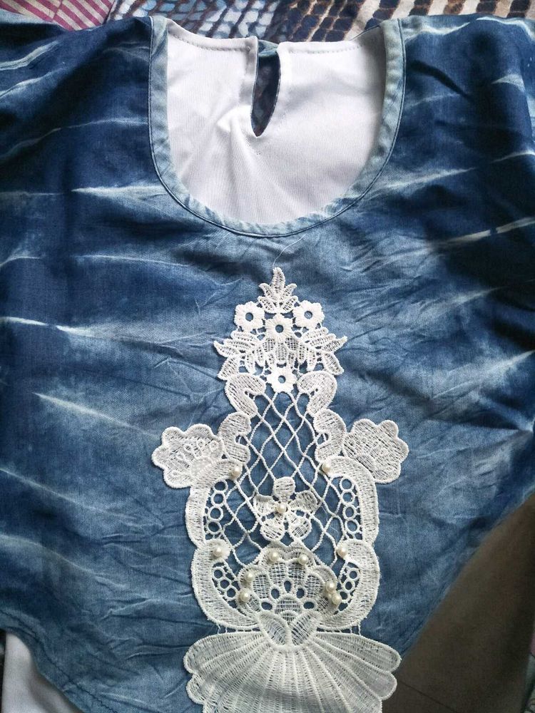 Blue Tie-Dye Lace Top