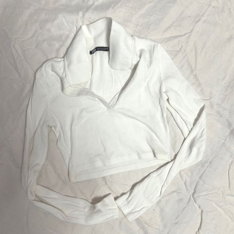 Zara White Ribbed Polo Crop Top
