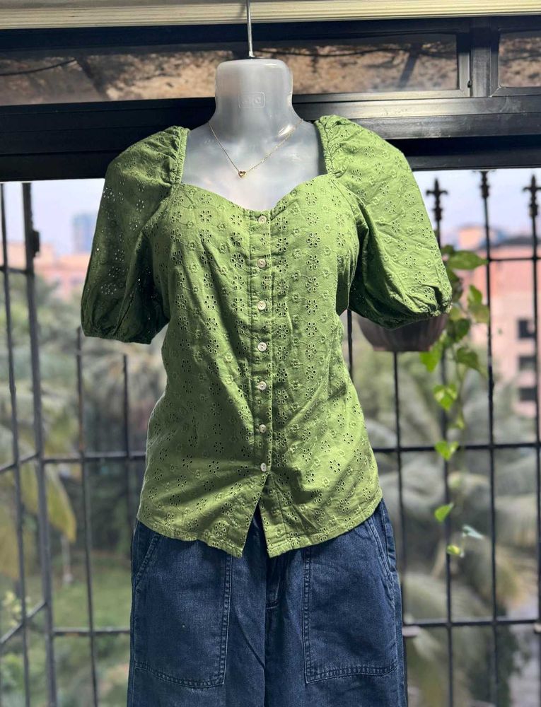Green Eyelet Puff Sleeve Top
