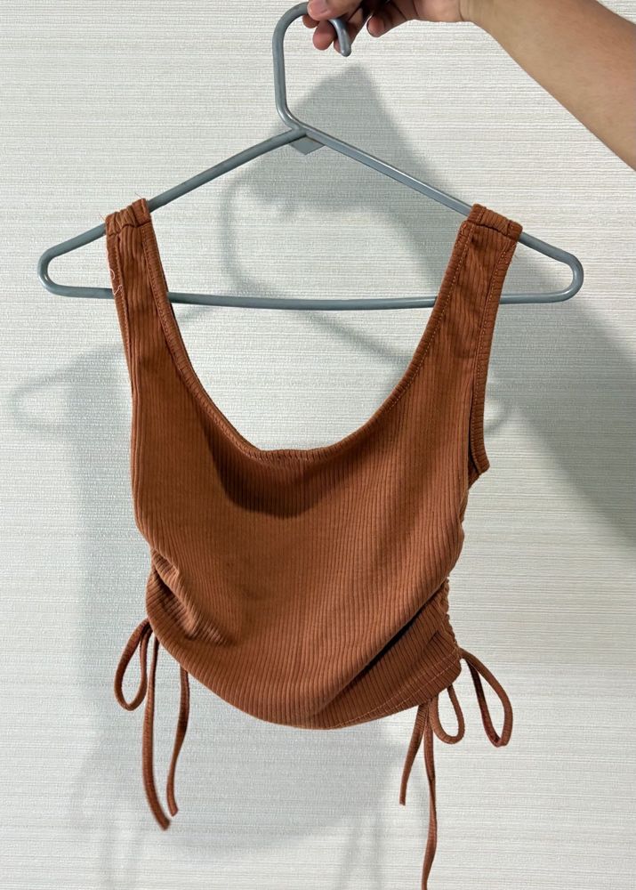 Brown Ribbed Cinched Tank Top