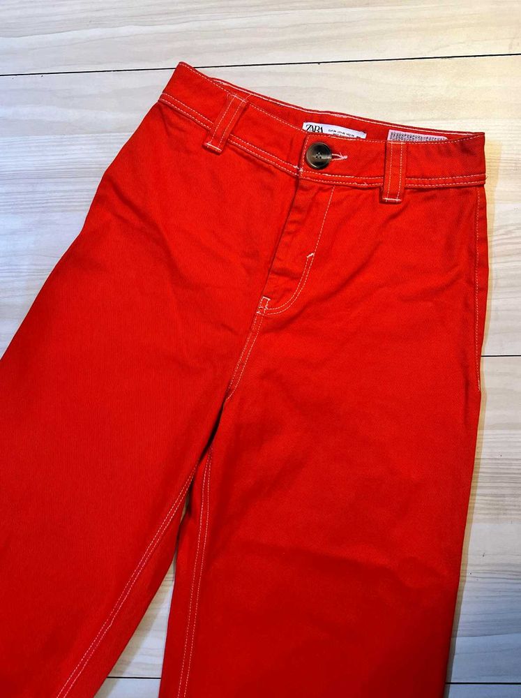 ZARA Red High-Waist Straight Pants 100% Cotton