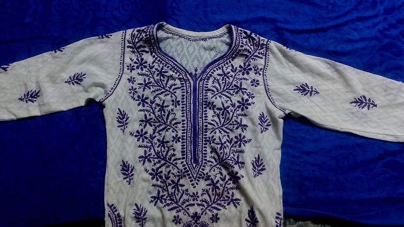 Embroidered White Purple Cotton Kurti
